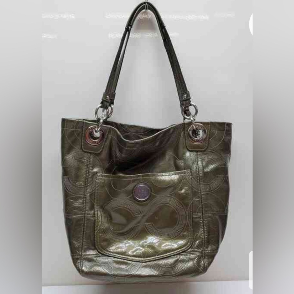 Pewter Patent Leather COACH TOTE with Stitched Coach Insignia